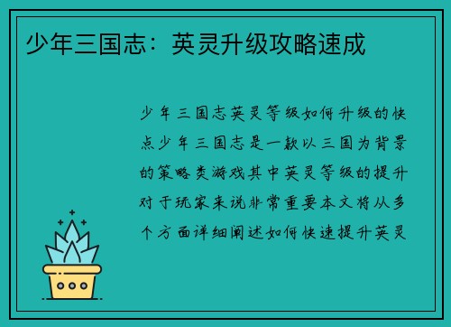 少年三国志：英灵升级攻略速成